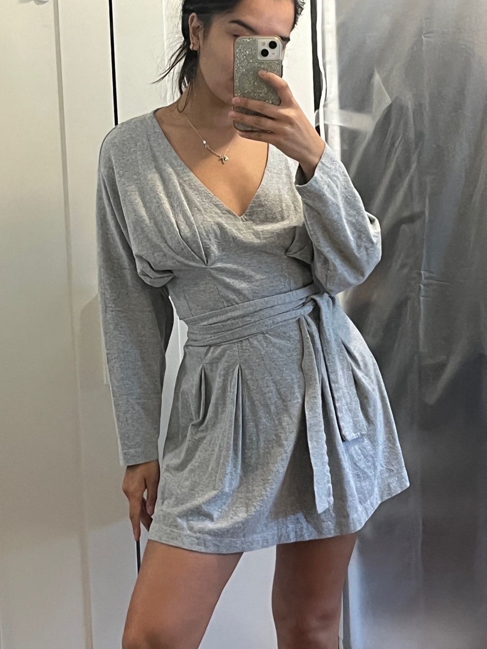 Light Gray Wrap-Style Long Sleeve Mini Dress